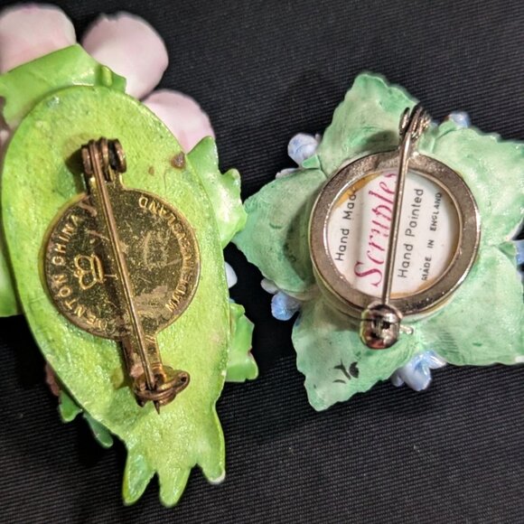 Vintage Hand Painted Floral Porcelain Brooch Lot By Scruples & Denton - Picture 3 of 8